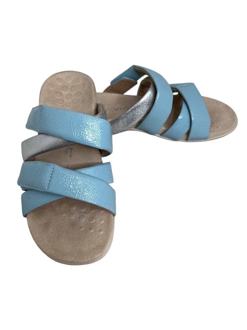 Vionic Adjustable Slide Sandals Blue & Silver Leather Footbed Comfort Size 6